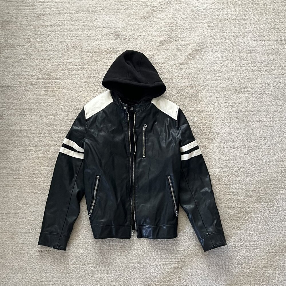 WILSONS CYCLE Faux Leather Black White Moto Jacket Hooded Women’s Medium